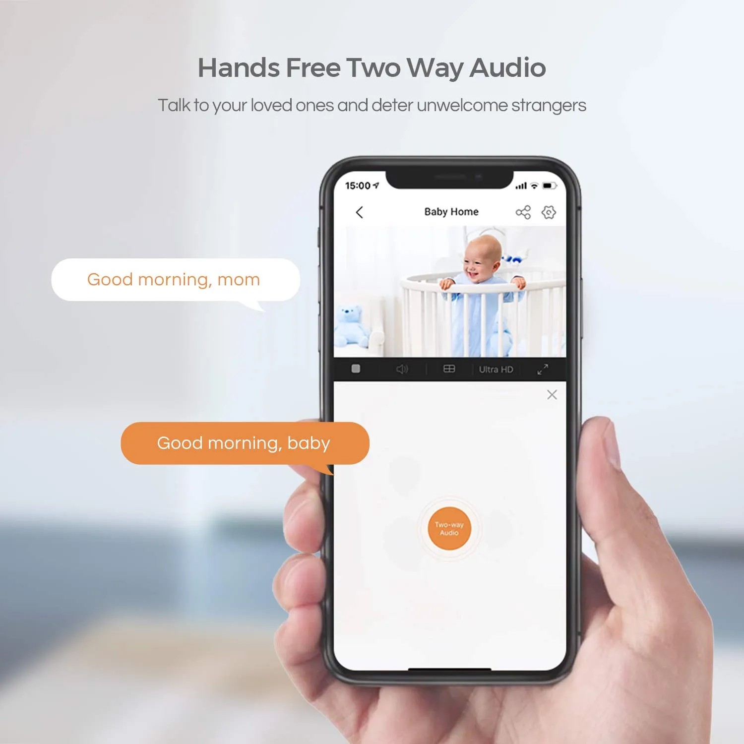 Smartphone con app baby monitor t.b.t. Videosorveglianza con audio bidirezionale.