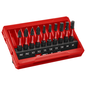 Set di inserti a impatto Einhell, 10 pezzi tascabile con profili PH, PZ, T e H in custodia rossa.