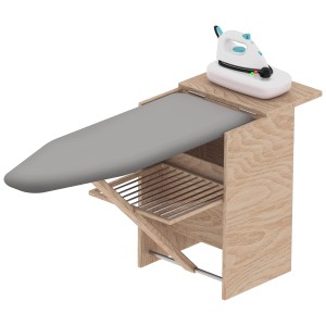 Asse da stiro in legno con rivestimento grigio e ripiano per ferro da stiro.