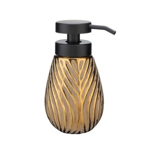 Elegante dispenser sapone con motivo a foglie dorate e testina a pompa nera.