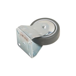 Rotella fissa per apparecchi, Ø 75mm, portata 60kg, con alloggiamento in lamiera d'acciaio e ruota in gomma grigia.