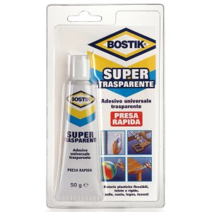 Adesivo Bostik Super Trasparente, tubo da 50g, uso universale.