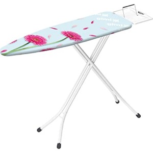 Asse da stiro con rivestimento floreale e telaio bianco.