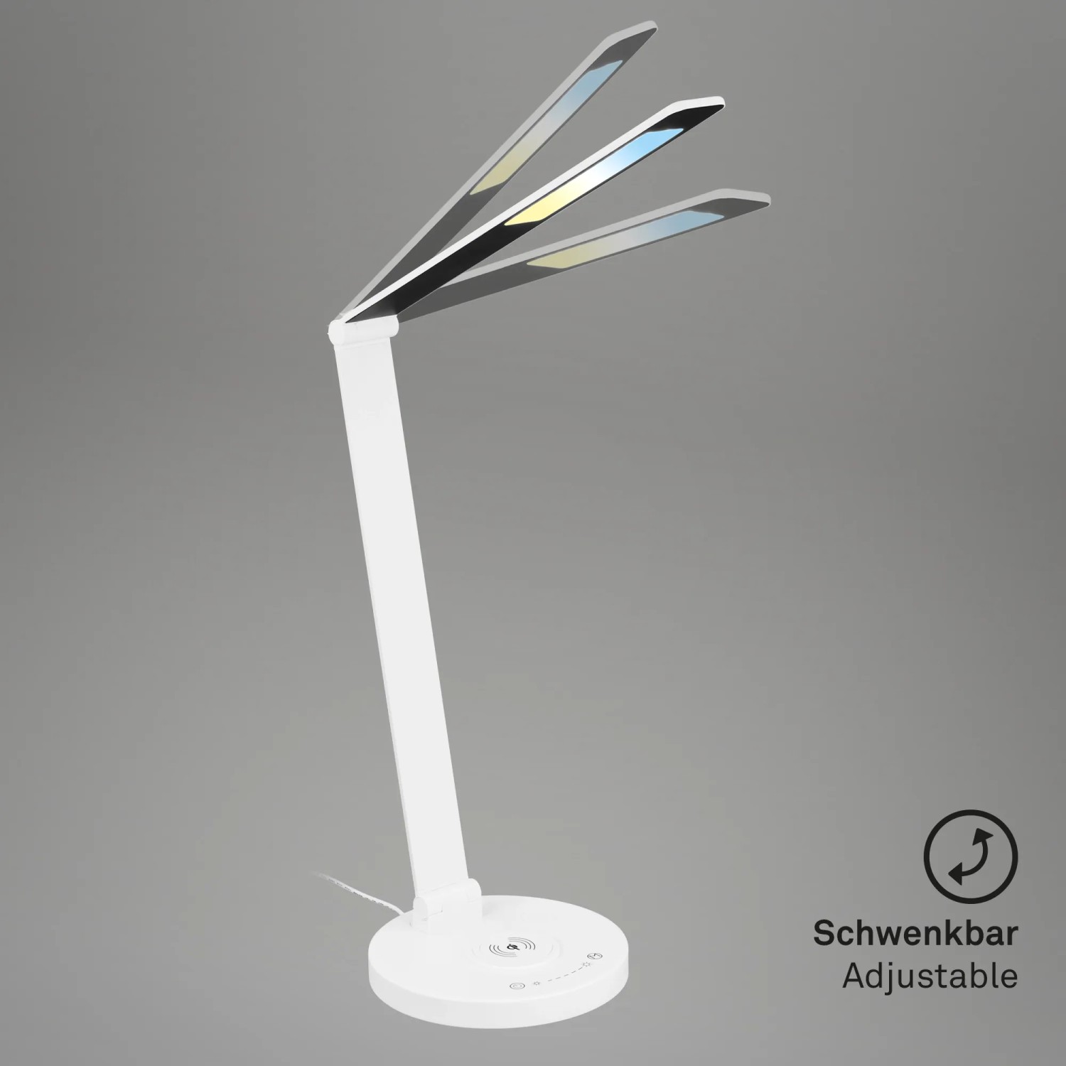 Lampada da scrivania a LED Brilo Cuma bianca con dimmer touch e ricarica induttiva.