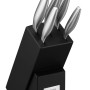 Ceppo portacoltelli Fiskars con 5 coltelli, blocco nero con coltelli argentati.