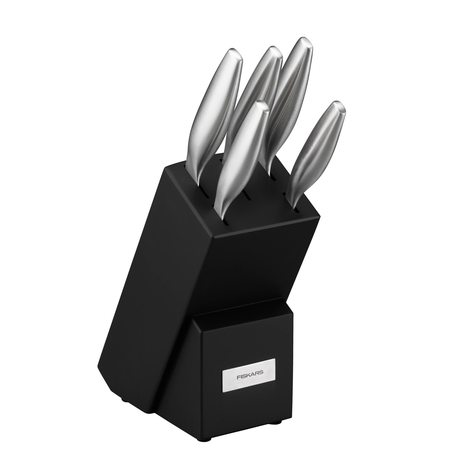 Ceppo portacoltelli Fiskars con 5 coltelli, blocco nero con coltelli argentati.
