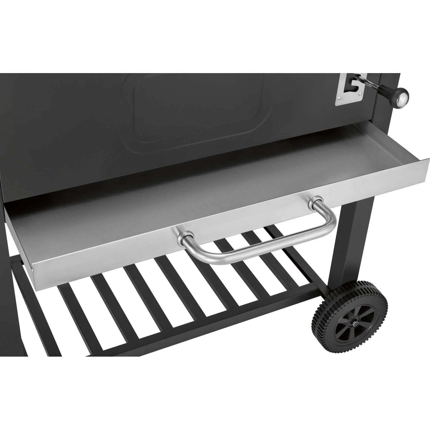 Grill a carbonella Jamestown Jaxon XL: Vassoio cenere estraibile con maniglia in metallo, ripiano e ruota.
