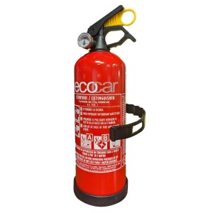 Estintore rosso con maniglia gialla per abbigliamento da lavoro e accessori.