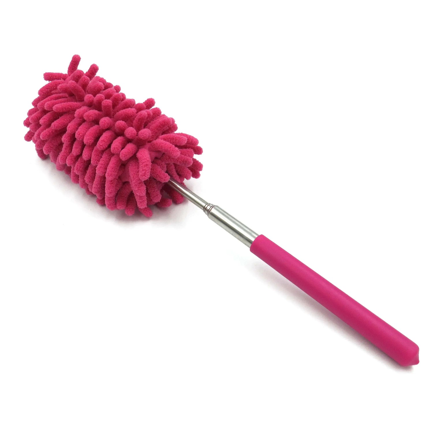 Spolverino rosa con manico telescopico per la pulizia della cucina.