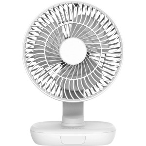 Ventilatore da tavolo bianco a batteria (Ø 20 cm) per un raffreddamento flessibile e senza fili.