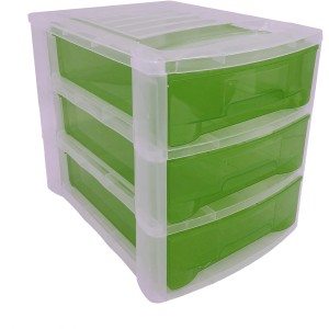 Cassettiera t.b.t. con tre cassetti verdi e struttura trasparente.