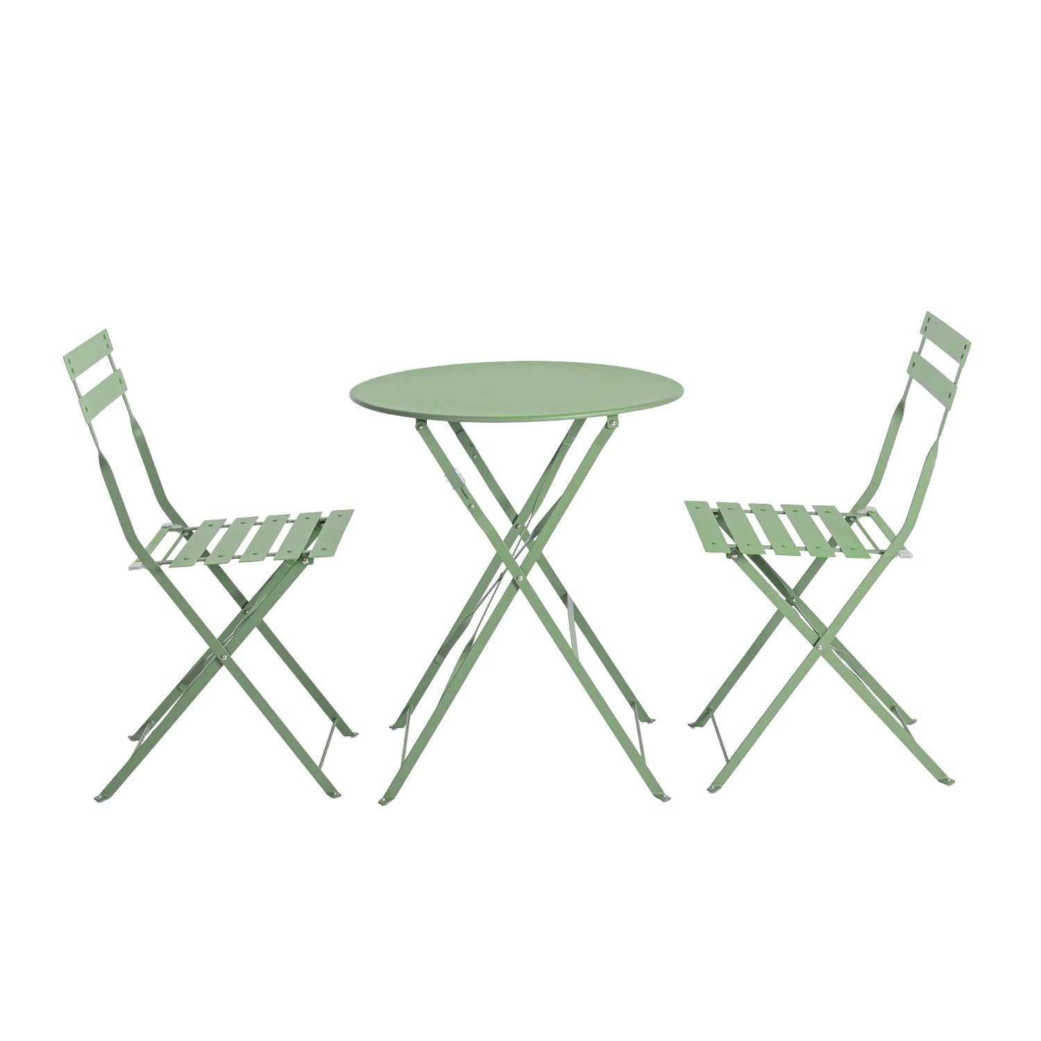 Set bistrot pieghevole AUSTIN, set da giardino con tavolo e due sedie in acciaio verde trattato.