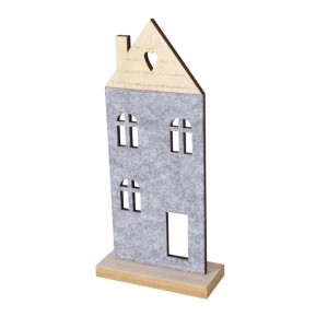 Silhouette decorativa in legno a forma di casa in grigio e naturale per decorazioni natalizie.