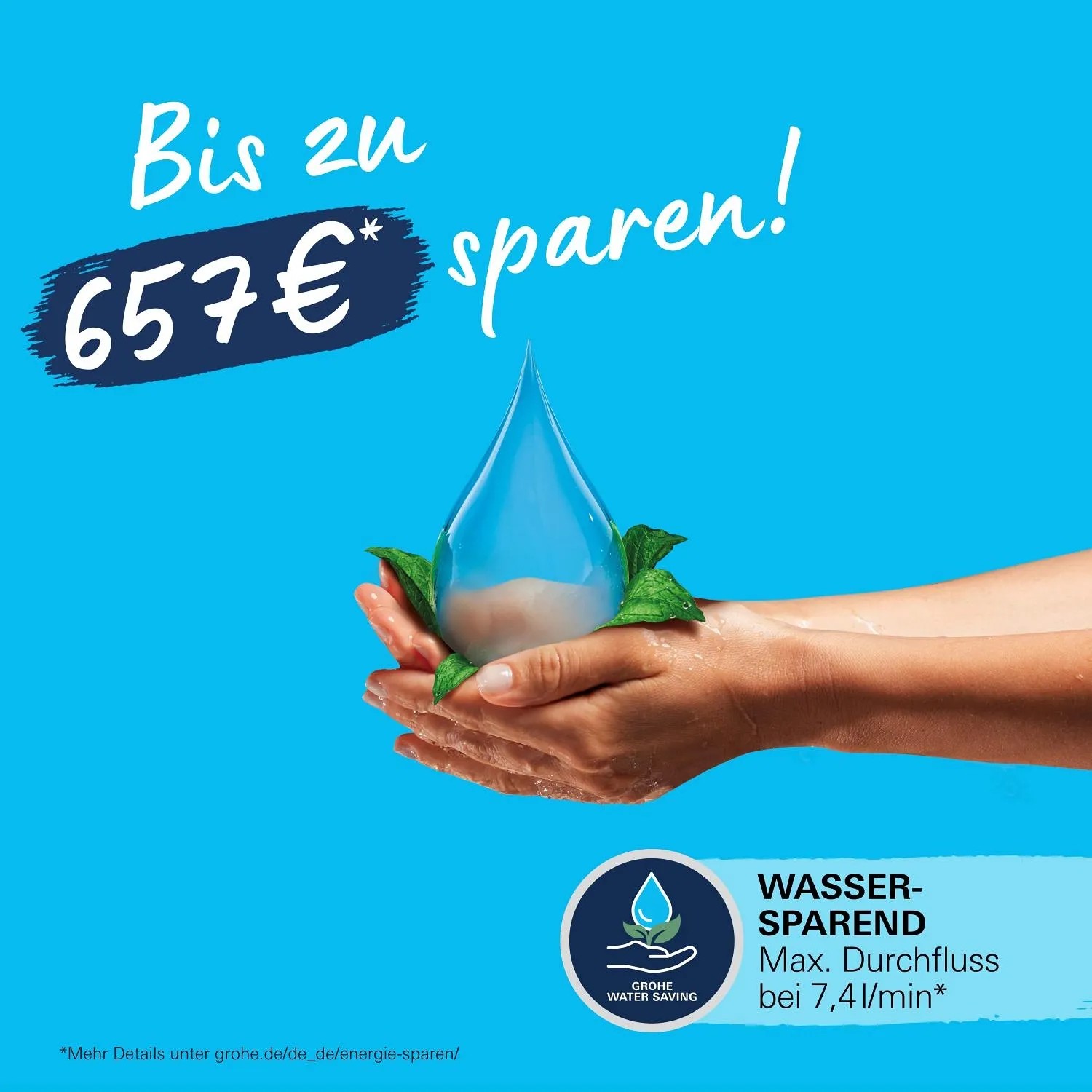 Potenziale di risparmio del soffione Grohe Vitalio Start 110: Risparmia fino a 657€ grazie alla funzione di risparmio idrico.