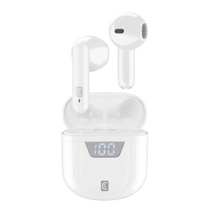 Cuffie in-ear t.b.t. bianche con custodia di ricarica e display digitale.