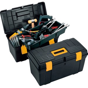 Valigette porta attrezzi nere, aperta e chiusa, con attrezzi.