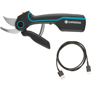 Cesoie da giardino a batteria Gardena Assistcut con cavo di ricarica USB. Ideale per tagli precisi in giardino.