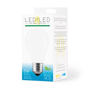 Confezione di una lampada LED E27. 8W, 960lm, 4000K bianco neutro, senza mercurio, durata 10 anni.