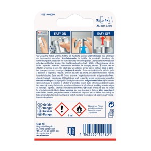 Confezione di strisce adesive Tesa per piastrelle e vetro, con istruzioni per l'uso e avvertenze di pericolo.