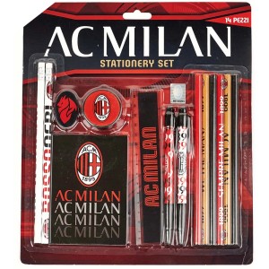 Set di cancelleria AC Milan, 14 pezzi con penne, righello, blocco note e gomma.
