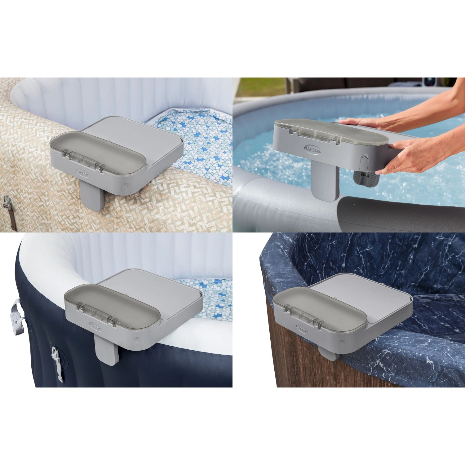 Vassoio 4 in 1 Bestway LAY-Z-SPA sul bordo della vasca idromassaggio per bevande, asciugamani e tablet.