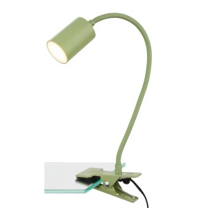 Lampada da tavolo LED verde con morsetto e braccio flessibile.
