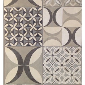 Piastrella da rivestimento decorativa con motivi geometrici in tonalità di grigio e beige.