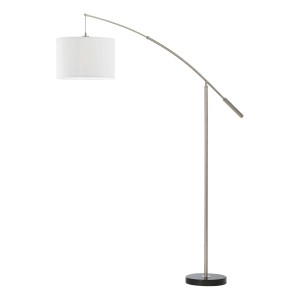Elegante lampada da terra ad arco con paralume bianco e struttura argentata. Lampada da terra di design per interni.