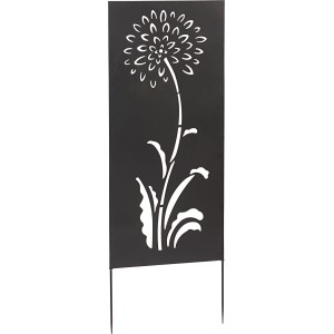 Paravento nero da giardino con elemento decorativo floreale.