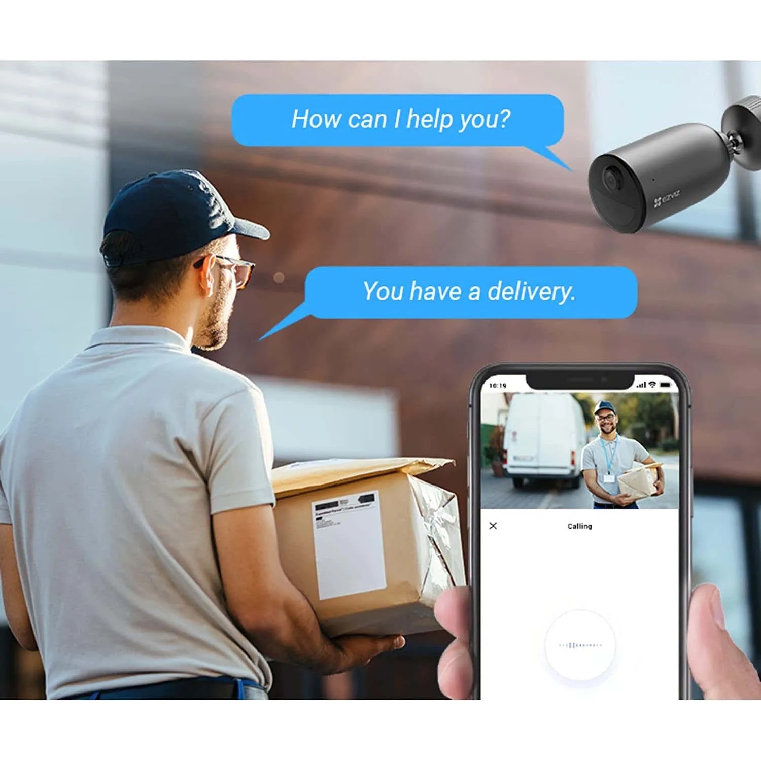 Telecamera di sicurezza wireless Ezviz EB3 in uso: fattorino rilevato e contattato tramite app.