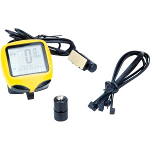 Ciclocomputer giallo con accessori come fascette e sensore.