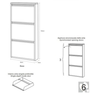 Schizzo di una scarpiera stretta con tre scomparti e dimensioni.