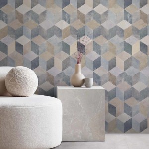 Piastrelle per pavimenti decorative con motivo a cubi 3D nei toni del blu e del beige.