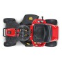 Vista dall'alto di un tosaerba trattorino rosso Troy-Bilt Mini-Rider 76T-S, trattore tagliaerba a scarico laterale.