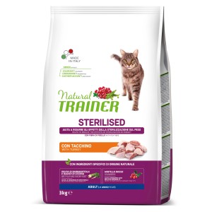 Natural Trainer Sterilised cibo secco per gatti con tacchino, sacco da 3kg.