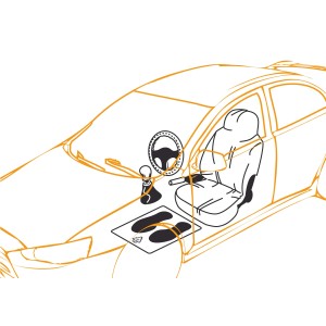 Illustrazione di accessori interni auto: volante, pomello del cambio, tappetino, coprisedile.