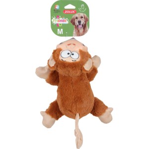 Peluche per cani a forma di scimmia marrone con faccia ricamata.