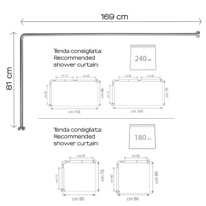 Disegno tecnico: Asta doccia angolare con dimensioni e dimensioni consigliate per la tenda doccia.