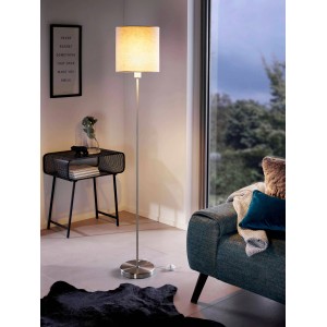 Moderna lampada da terra Eglo Pasteri con paralume in tessuto color tortora e base in nichel opaco.