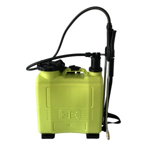 Pompa a spalla, serbatoio giallo con tubo nero e lancia a spruzzo.