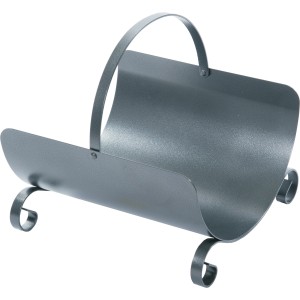 Cesta portalegna grigia in metallo con manico e piedini per accessori camino.