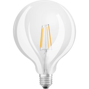 Lampadina LED Osram E27 a globo, 6.5W, con vetro trasparente e filamento a vista.