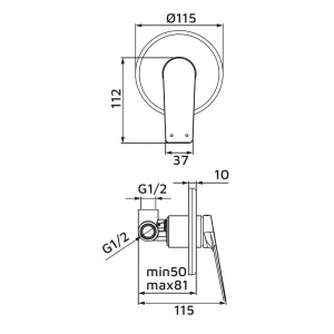 Disegno tecnico: t.b.t. rubinetto doccia con dimensioni.