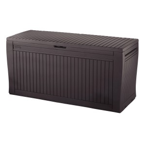 Box contenitore Keter Comfy marrone, 270 l, effetto legno per giardino e terrazza.