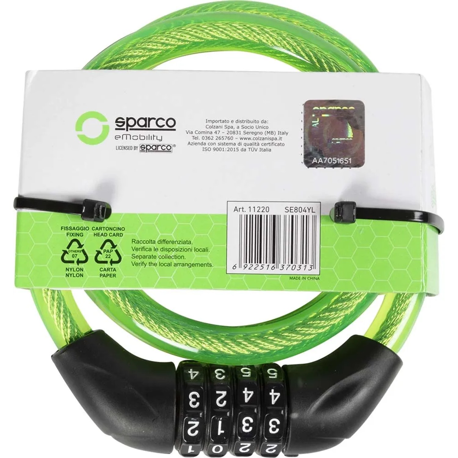 Lucchetto per bici t.b.t. verde con codice numerico per maggiore sicurezza.