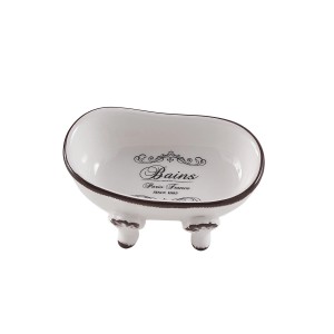 Dispenser sapone bianco a forma di vasca con scritta "Bains".