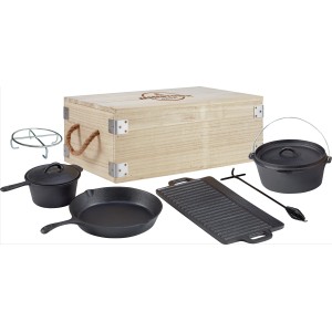 Set forno olandese Jamestown, 6 pezzi, con cassa in legno, pentole in ghisa, piastra grill e alzalid. Ideale per grigliate.