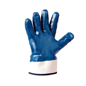 Guanto da lavoro blu t.b.t. con polsino bianco, palmo rivolto in avanti.