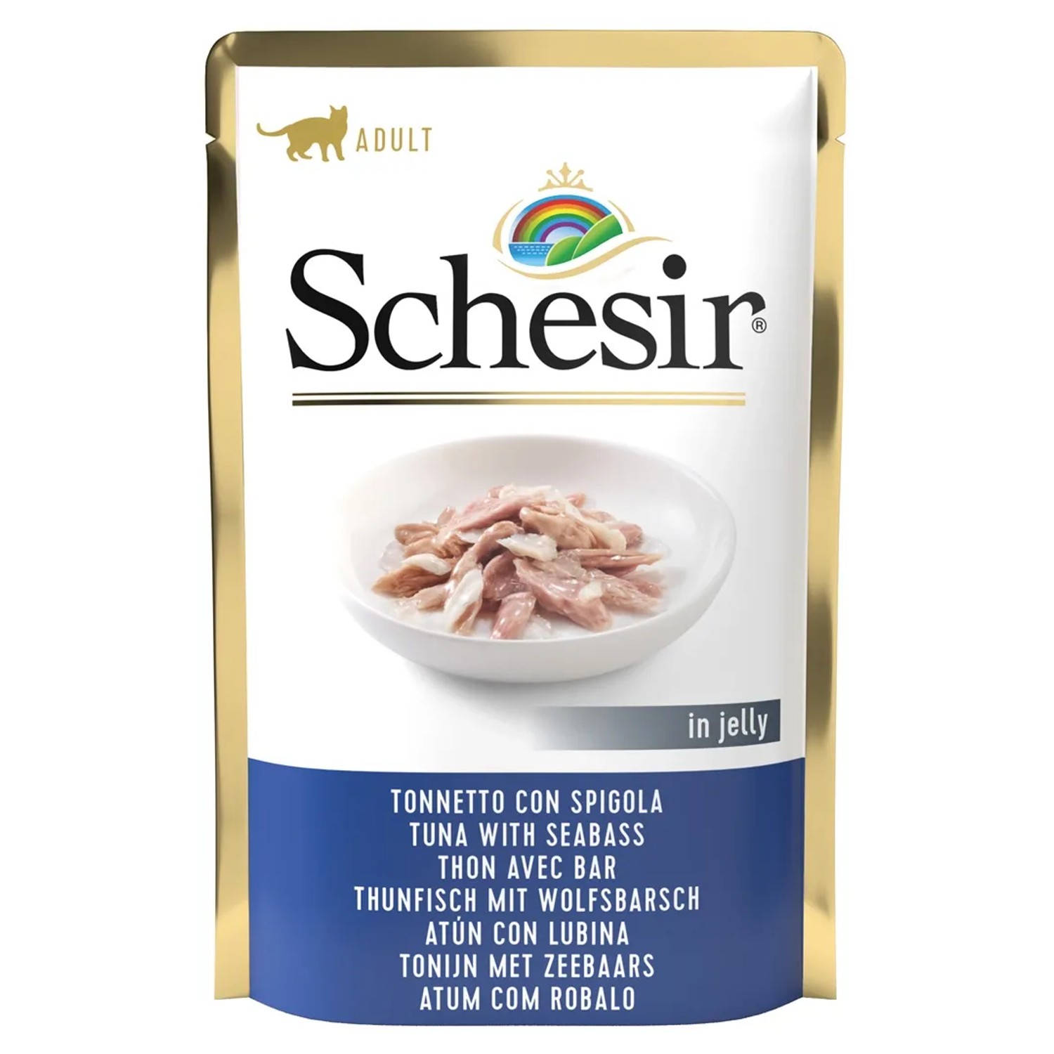 Schesir alimento umido per gatti Tonno con Spigola, busta da 85g.