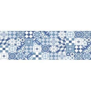 Paraschizzi t.b.t. con motivo a piastrelle blu e bianche.